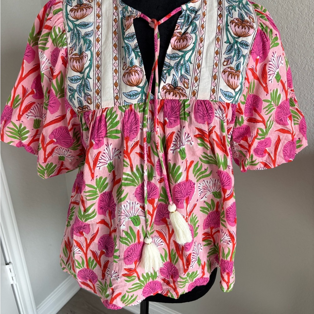 THML Pink Floral Boho Peasant Top Small - Picture 2 of 7